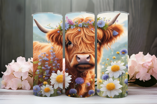 Highland cow with daisies