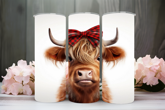 Highland cow with red bow 20oz tumbler