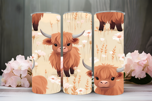 Baby highland cow with white flowers 20oz tumbler